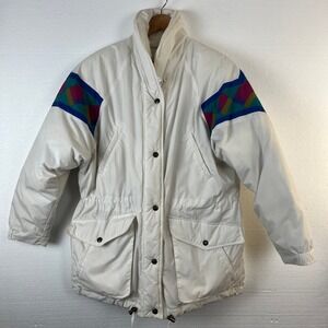 Vtg London Fog Womens Large Ivory Quilted Puffer Coat Jacket Full Zip